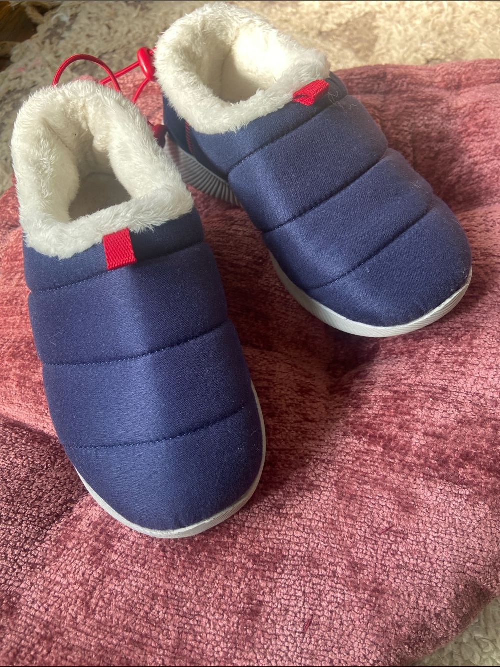 Lands' End Navy Quilted Slip-On Slippers with Red Accents